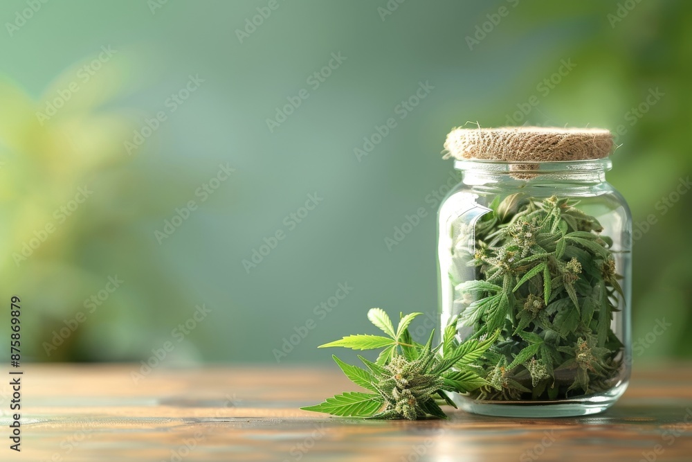 Glass Jar Filled With Medical Green Cannabis Buds on Green Background Glass Jar Filled With Medical Green Cannabis Buds on Green Background