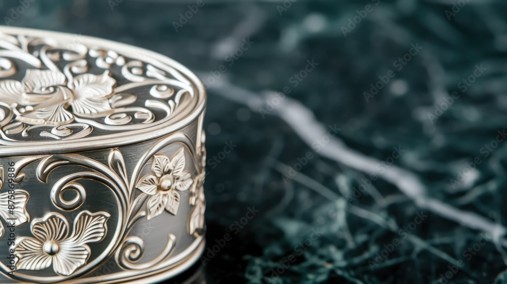 Elegant silver box with intricate floral designs on a dark marble surface, showcasing craftsmanship and luxury decor details. Elegant silver box with intricate floral designs on a dark marble surface, showcasing craftsmanship and luxury decor details.
