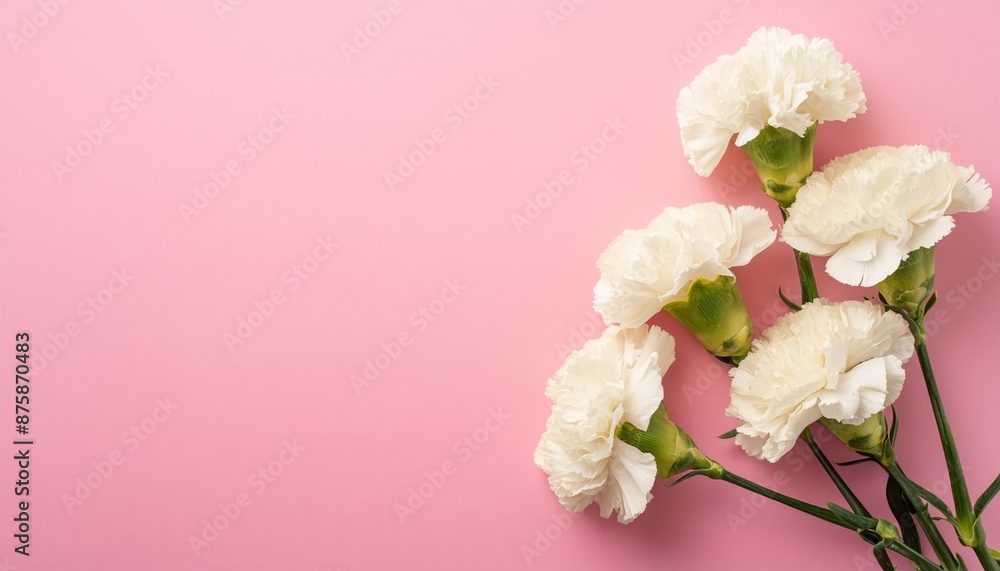 White Carnations on Pink Background - Beautiful Flowers for Spring - Colored Carnation - Background for Mother's Day, Woman's Day, Valentine's Day or Birthday - Space for Copy or Text White Carnations on Pink Background - Beautiful Flowers for Spring - Colored Carnation - Background for Mother's Day, Woman's Day, Valentine's Day or Birthday - Space for Copy or Text