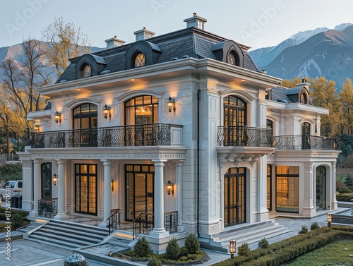 The image captures a luxurious neoclassical mansion adorned with large windows and ornate balconies, set against a picturesque backdrop of nature and mountains. photo