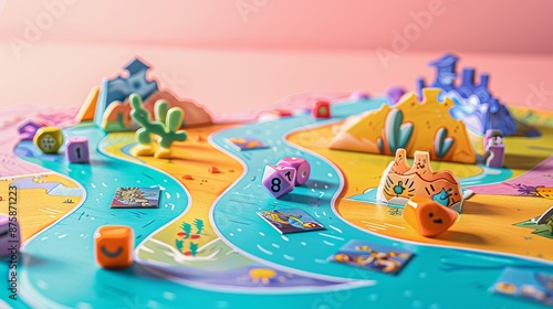 A vibrant board game setup showing colorful pieces and a beautifully artistic map under soft pink lighting.