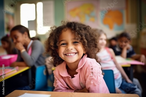 Smiling Schoolgirl at Her Desk