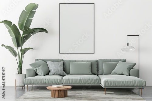 This image presents a modern minimalist living room, showcasing a light green sofa, a large potted plant, a blank wall art frame, and elegant furnishings, exuding a tranquil atmosphere. photo