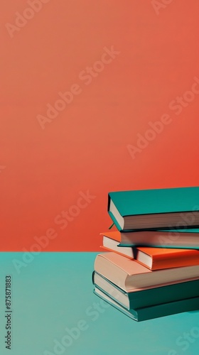 Stack of brightly colored books placed against a vibrant gradient background, creating a visually stimulating and bold display with dominant orange and teal tones.