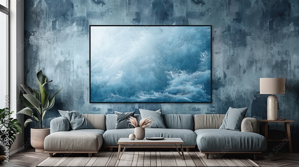 Fototapeta premium A modern and luxurious living room featuring a large wave-themed painting on the wall, stylish furniture, and soothing blue tones creating an inviting atmosphere.