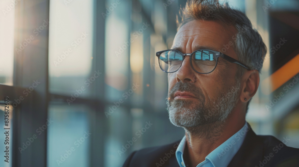 Middle age business man looking at the windows Middle age business man looking at the windows