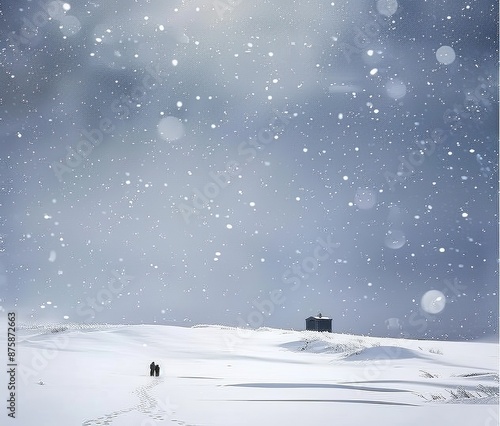 Two individuals walk together through a vast, snow-covered landscape under a gently falling snow, with a solitary house in the distance.