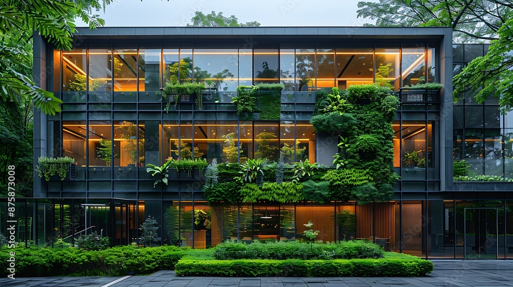 Architecture image with a modern glass building with a lot of green plants trees and bushes for business architecture environmental friendly and eco-concept Architecture image with a modern glass building with a lot of green plants trees and bushes for business architecture environmental friendly and eco-concept