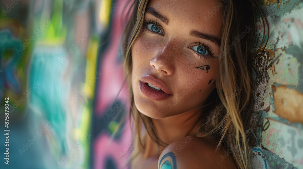 Young woman with tattoos posing on the background of a wall with graffiti Young woman with tattoos posing on the background of a wall with graffiti