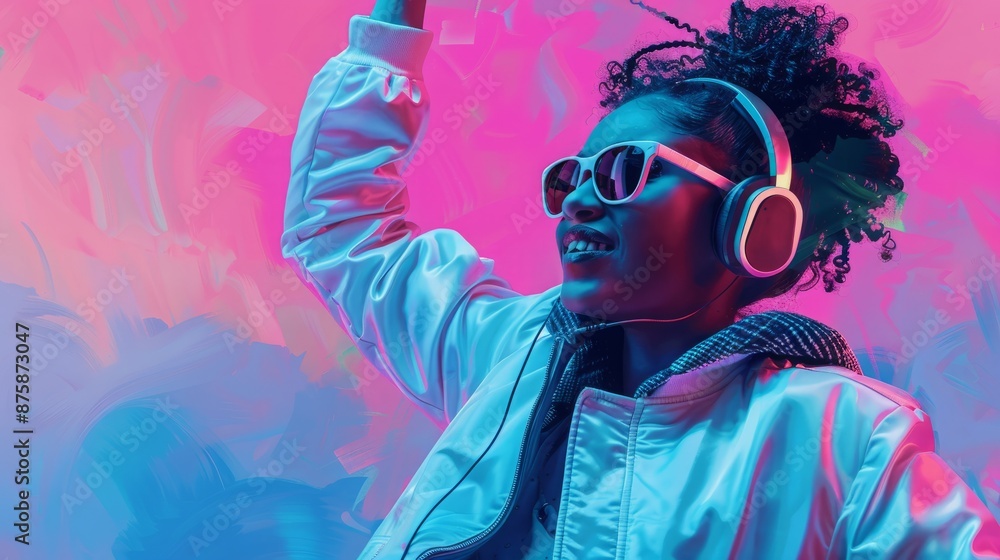 Girl Bouncing with Joy in Headphones and Chic White Jacket, Pink and Blue Backdrop Girl Bouncing with Joy in Headphones and Chic White Jacket, Pink and Blue Backdrop