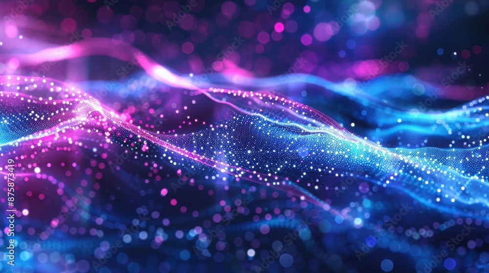 Abstract background with waves of glowing particles, Abstract background with waves of glowing particles,