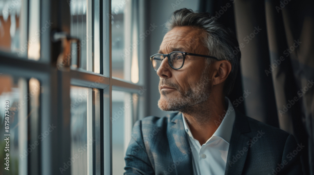 Middle age business man looking at the windows Middle age business man looking at the windows