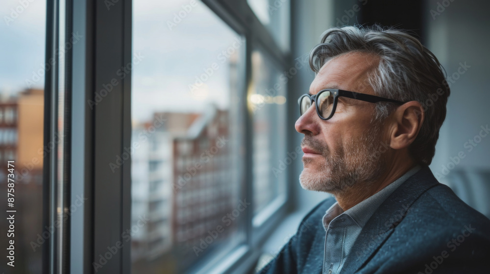 Middle age business man looking at the windows Middle age business man looking at the windows
