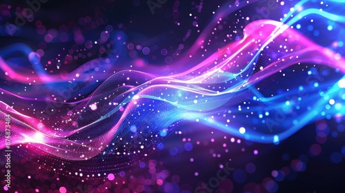 Abstract background with waves of glowing particles,