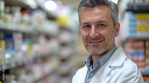A middle-aged male pharmacist in a white coat in a drugstore