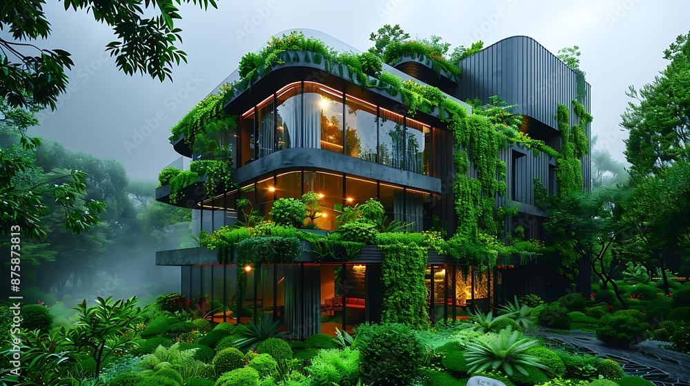 Architecture image with a modern glass building with a lot of green plants trees and bushes for business architecture environmental friendly and eco-concept Architecture image with a modern glass building with a lot of green plants trees and bushes for business architecture environmental friendly and eco-concept
