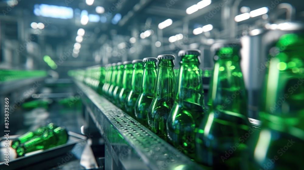green beer glass bottles on conveyor belt rollers or production line, automated industrial factory manufacture green beer glass bottles on conveyor belt rollers or production line, automated industrial factory manufacture
