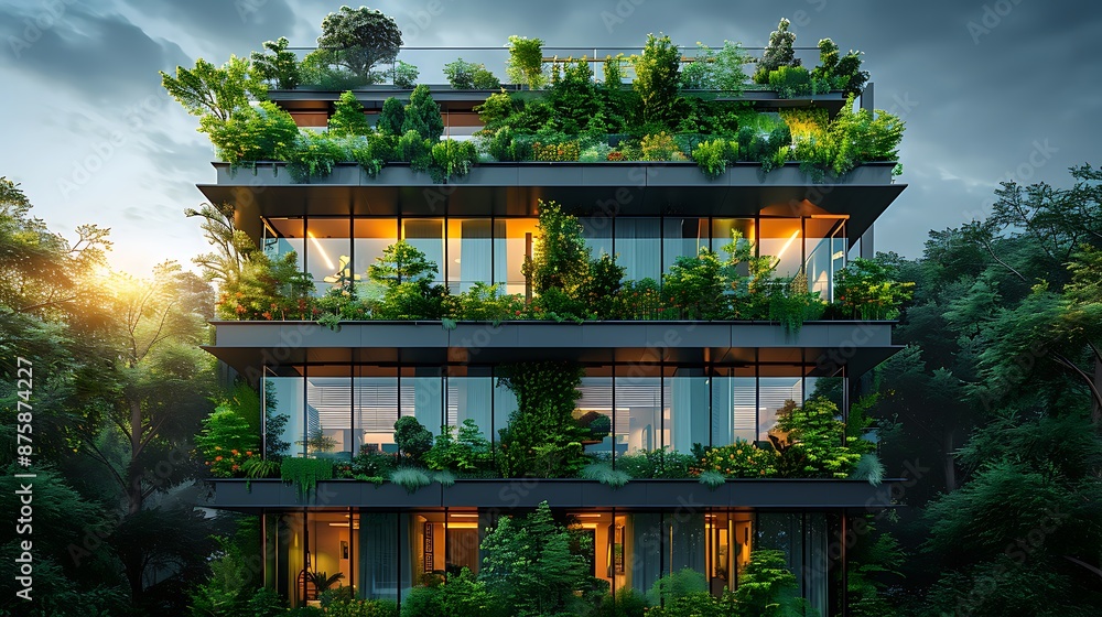 Architecture image with a modern glass building with a lot of green plants trees and bushes for business architecture environmental friendly and eco-concept Architecture image with a modern glass building with a lot of green plants trees and bushes for business architecture environmental friendly and eco-concept