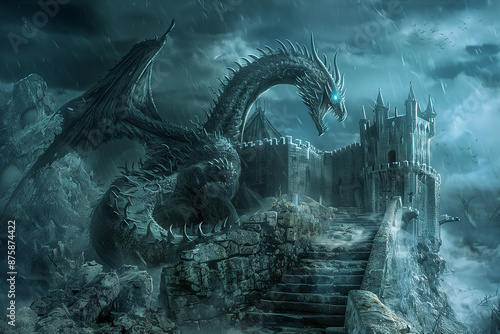 Fierce Dragon Guarding an Ancient Castle. Majestic dragon guarding an ancient castle under a stormy sky.