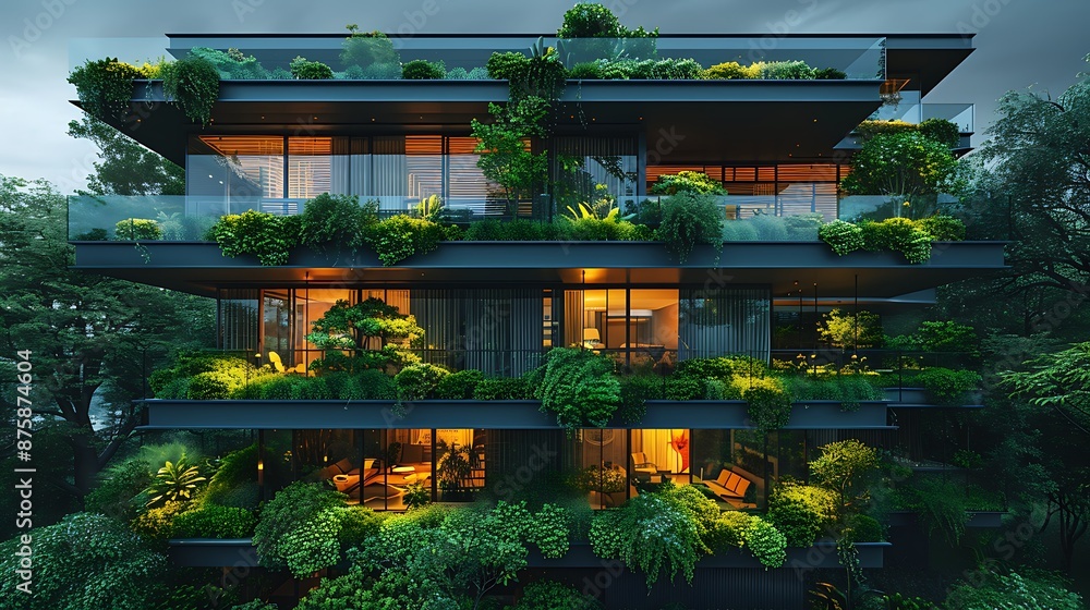 Architecture image with a modern glass building with a lot of green plants trees and bushes for business architecture environmental friendly and eco-concept Architecture image with a modern glass building with a lot of green plants trees and bushes for business architecture environmental friendly and eco-concept