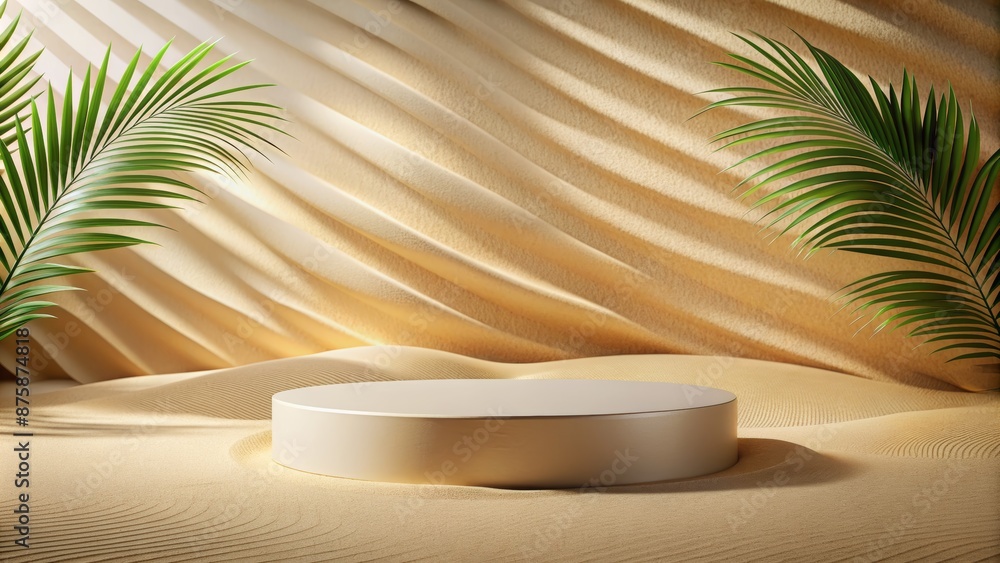 Elegant Minimalist Product Display with White Podium on Desert Sand Background for Commercial Use Elegant Minimalist Product Display with White Podium on Desert Sand Background for Commercial Use