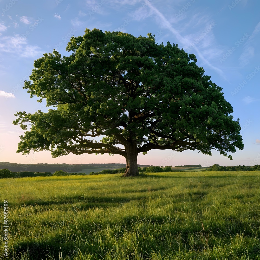 Large Oak Tree in Field with Green Grass and Blue Sky Large Oak Tree in Field with Green Grass and Blue Sky