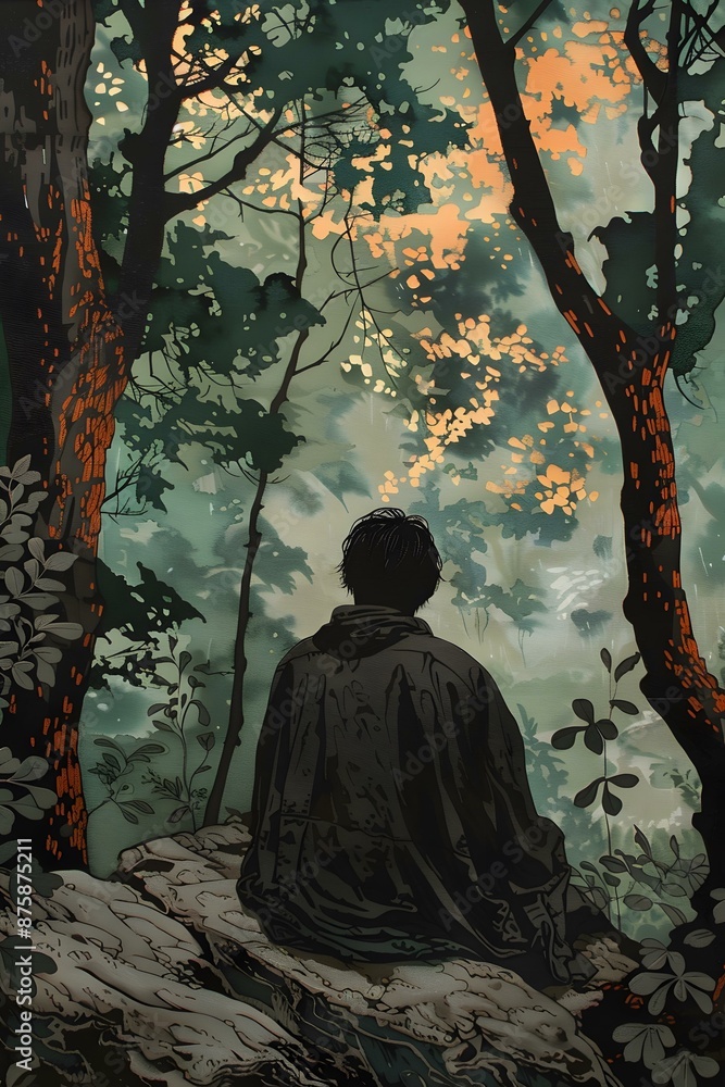 A person sitting on a rock in the middle of a forest A person sitting on a rock in the middle of a forest