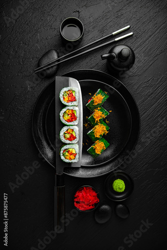 Vegan Roll. Sushi composition on black background. The Art of Japanese Cuisine. Food photography for menu and sushi bar decoration