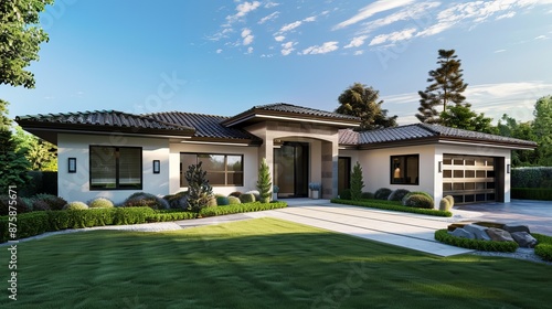 This image showcases a contemporary single-story house featuring sleek architecture, large windows, a well-kept lawn, and clean lines against a bright and clear sky.