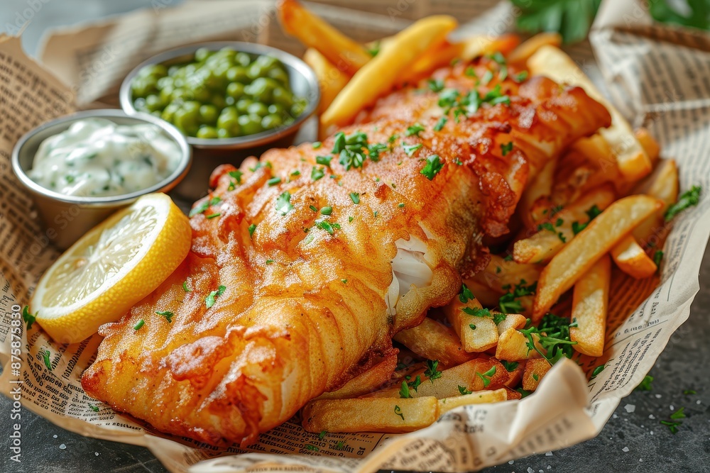A classic fish and chips dish featuring golden-brown battered cod fillets, chunky chips, mushy peas, and a wedge of lemon on a newspaper print. A classic fish and chips dish featuring golden-brown battered cod fillets, chunky chips, mushy peas, and a wedge of lemon on a newspaper print.