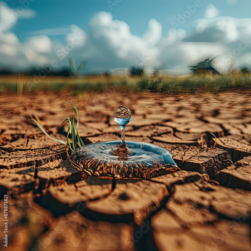 A plant grows from a hole in the ground surrounded by nature and people