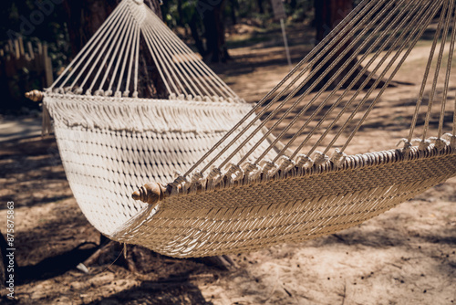 A white rope hammock swings between two trees