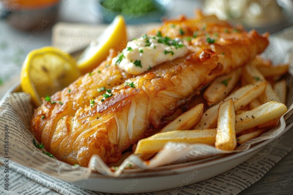 A classic fish and chips dish featuring golden-brown battered cod fillets, chunky chips, mushy peas, and a wedge of lemon on a newspaper print. A classic fish and chips dish featuring golden-brown battered cod fillets, chunky chips, mushy peas, and a wedge of lemon on a newspaper print.