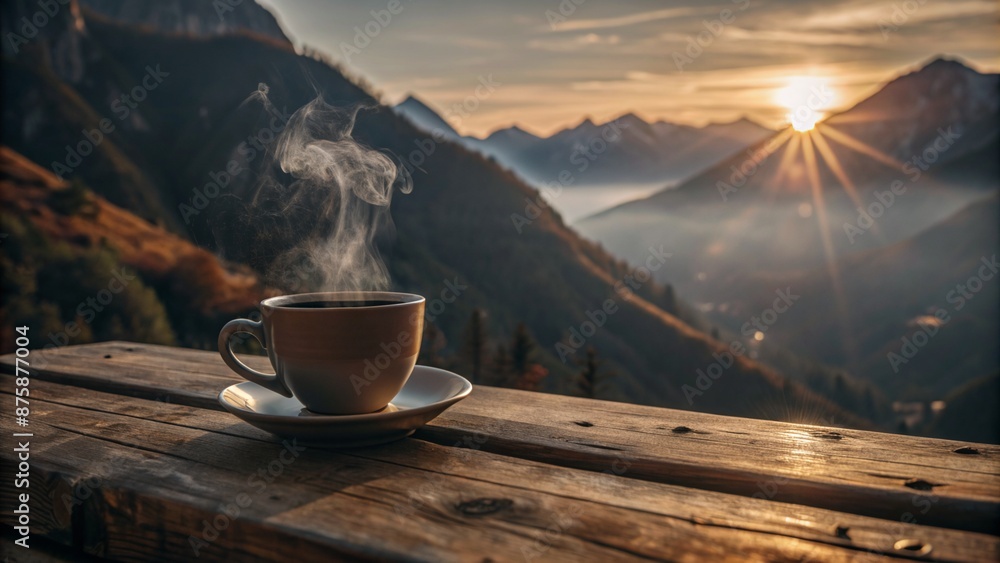 Steaming cup of coffee on a wooden table with a mountain backdrop at sunrise Steaming cup of coffee on a wooden table with a mountain backdrop at sunrise