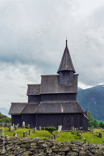 Urnes Stave Church, a UNESCO World Heritage Site, by Lustrafjorden in Norway.