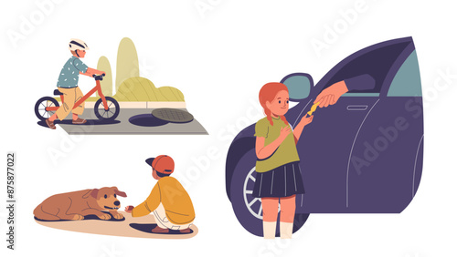 Children Engaging In Unsafe Actions. Boy Biking Near Open Manhole, Child Approaching A Stray Dog, Vector Concepts