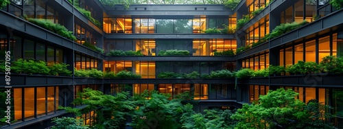  Architecture image with a modern glass building with a lot of green plants trees and bushes for business architecture environmental friendly and eco-concept  © Five Million Stocks