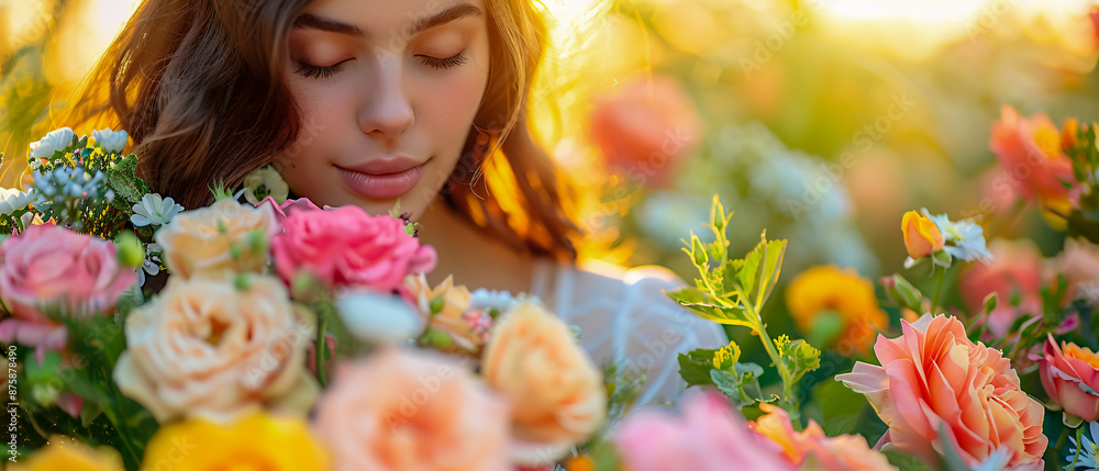 Fototapeta premium Beautiful Woman Holding a Pink Rose Bouquet