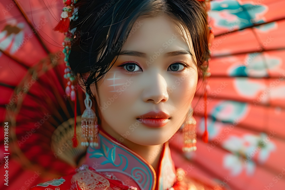 Beautiful asian woman wearing a traditional chinese dress is posing with a red umbrella Beautiful asian woman wearing a traditional chinese dress is posing with a red umbrella
