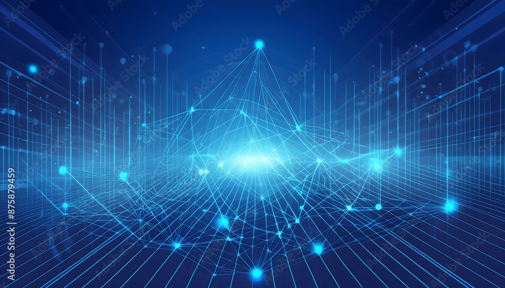 The image is a digital illustration showing a grid of blue lines forming a network against a dark blue background, with a bright light at the center and floating elements around it. The image is a digital illustration showing a grid of blue lines forming a network against a dark blue background, with a bright light at the center and floating elements around it.