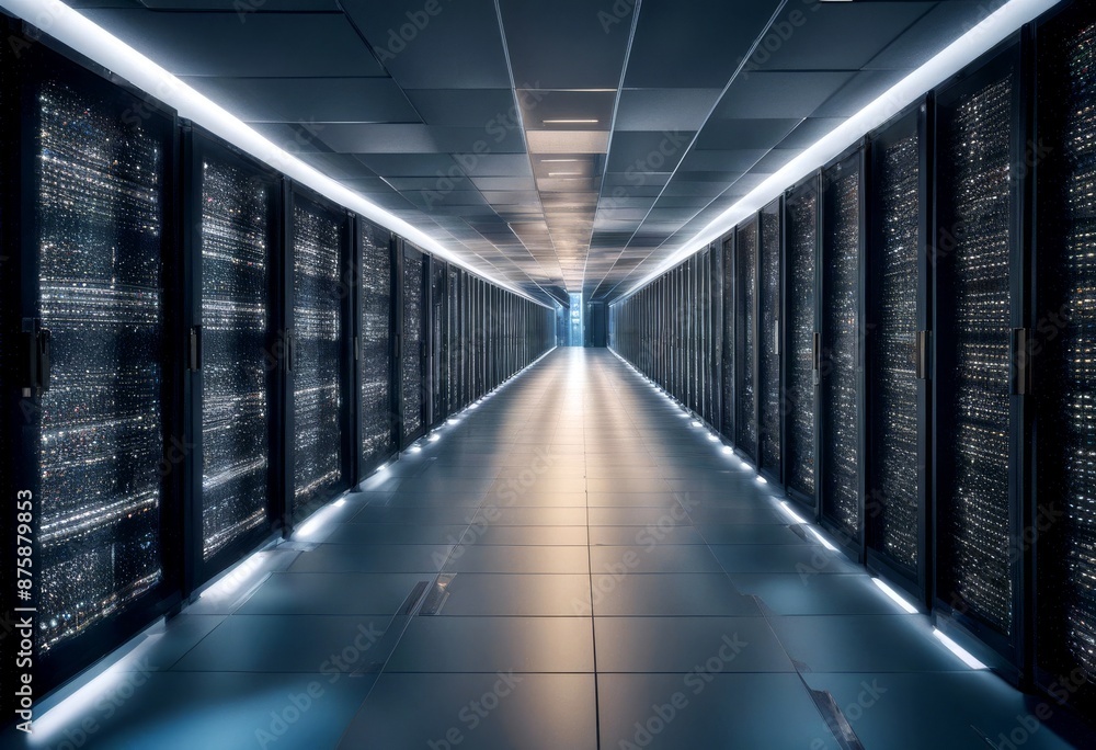 Obraz premium long rows center servers data hallway computer network infrastructure technology digital information storage processing server rack
