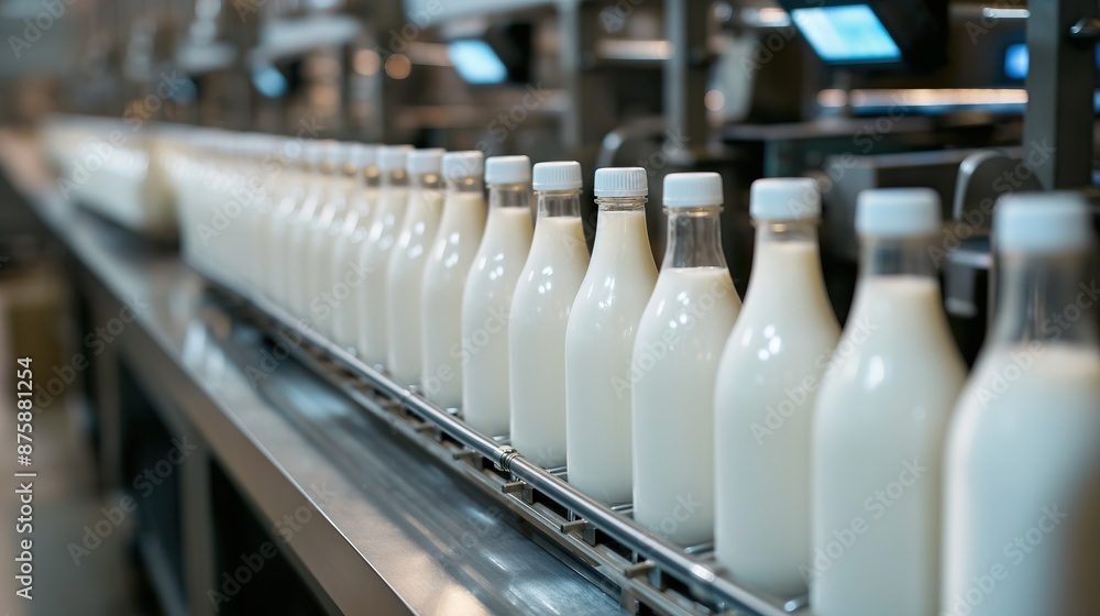 plastic milk bottles on conveyor belt rollers or production line, automated industrial factory manufacture plastic milk bottles on conveyor belt rollers or production line, automated industrial factory manufacture