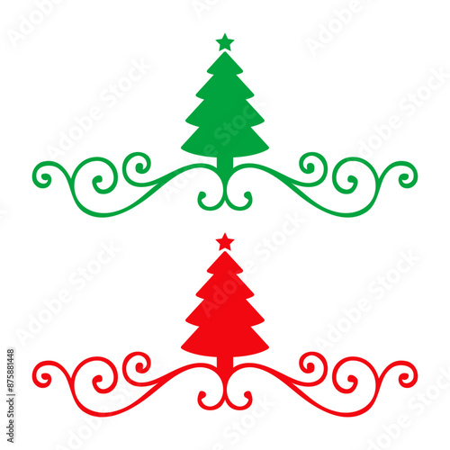 Tiempo de Navidad. Logo con silueta de árbol de navidad tipo pino o abeto con estrella y línea de decoración de caligrafía como marco para tarjetas y felicitaciones