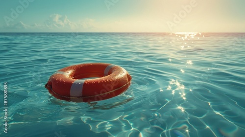 A lifebuoy floating in the clear blue sea on a sunny summer day, capturing the essence of safety and relaxation. Ideal for travel and vacation advertisements © Jam