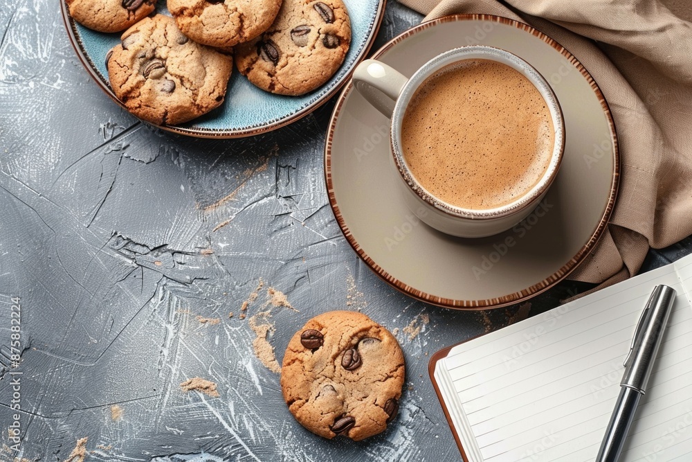 Top-down view of a bright table with a minimalist setup including a coffee mug, cookies, notebook, and pen. Perfect for flat lay photography, lifestyle blogs, and office-themed promotional materials Top-down view of a bright table with a minimalist setup including a coffee mug, cookies, notebook, and pen. Perfect for flat lay photography, lifestyle blogs, and office-themed promotional materials
