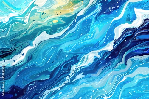 Abstract painting with fluid blue and white waves and swirls
