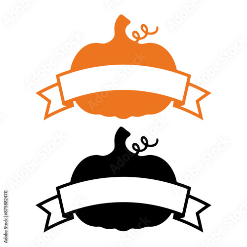 Logo con bandera de cinta sobre silueta de calabaza para felicitaciones y tarjetas