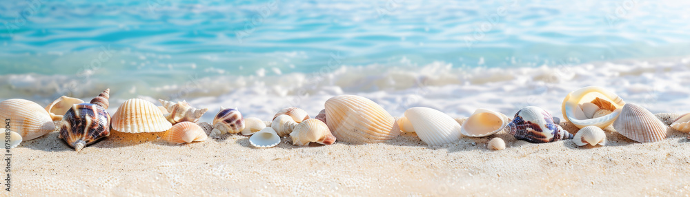 Golden sands, turquoise waters, colorful seashells in a serene beach setting. Golden sands, turquoise waters, colorful seashells in a serene beach setting.