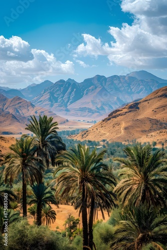 Desert Oasis with Palm Trees and Mountains © Adobe Contributor