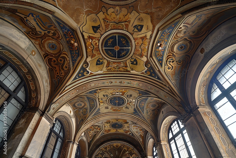 A ceiling with large, decorative tiles featuring educational motifs like alphabets and numbers. A ceiling with large, decorative tiles featuring educational motifs like alphabets and numbers.